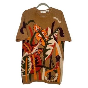 Cedars Women's Brown & Orange Vintage Knit Short-Sleeve Boho Sweater Large